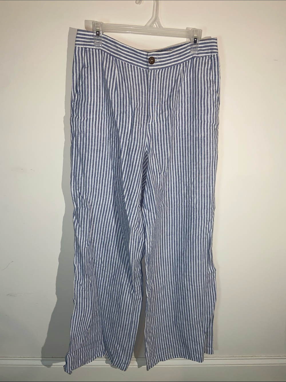 Tahari 100% Linen Blue&White Stripe Wide Leg Pants Size L